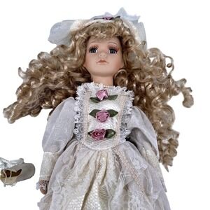 Porcelain Doll Blonde Curly Hair Lace Dress Collectible Display Decor